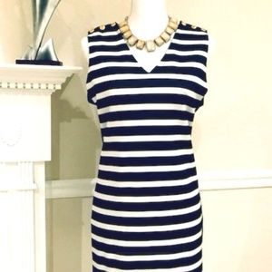 Navy Stripe Dress w/Gold Button Accent